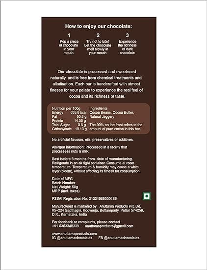 ANUTTAMA Dark Chocolate | 99% Cocoa | Natural Jaggery Sweetened | Dark Chocolate Sugar-Free | Chocolate Bar (2x50gm Pack of-2)