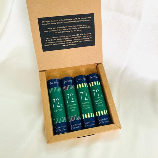 Jus'Trufs Assorted 72% Dark Chocolate Sugarfree Logs, Superfood Collection, set of 4 (90gm)