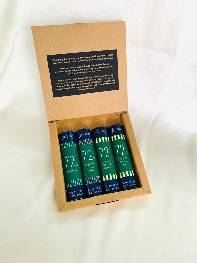 Jus'Trufs Assorted 72% Dark Chocolate Sugarfree Logs, Superfood Collection, set of 4 (90gm)