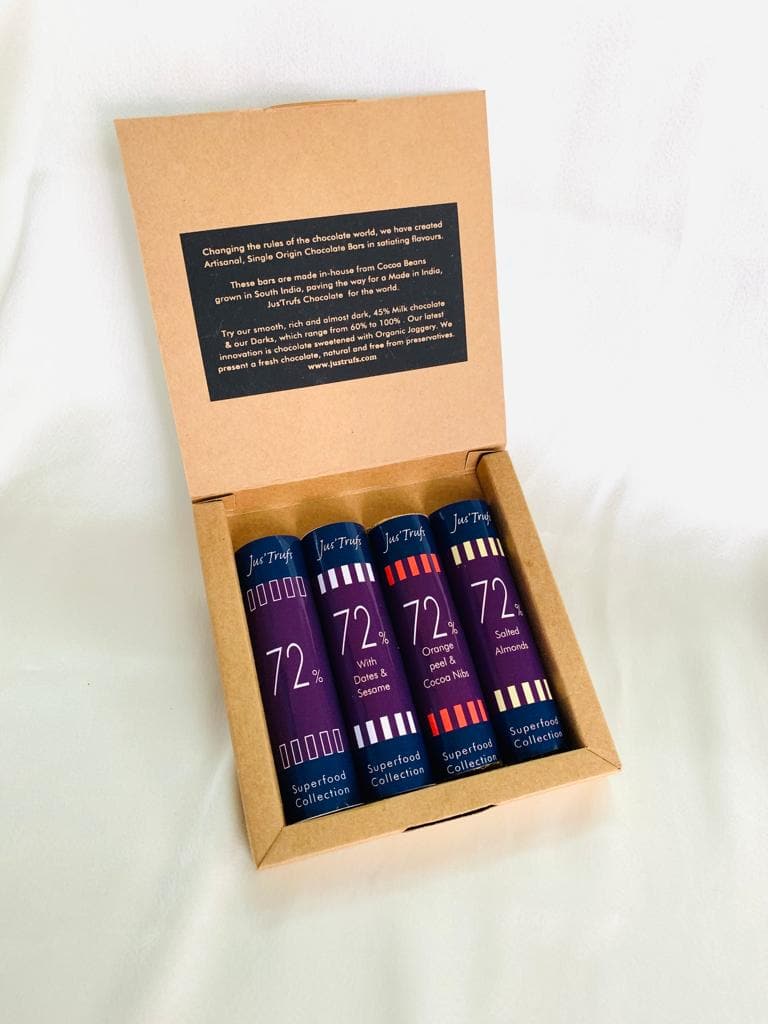Jus'Trufs Assorted 72% Dark Chocolate Logs-Superfood Collection, Set of 4