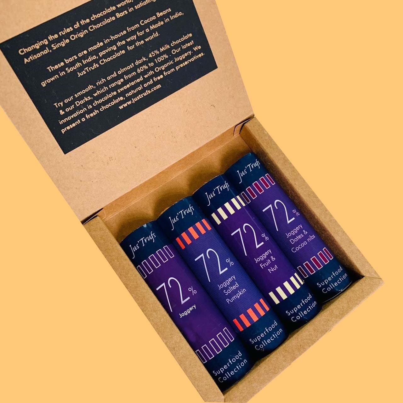 Jus'Trufs Assorted 72% Dark Chocolate Jaggery Logs-Superfood Collection, set of 4 (90gm)