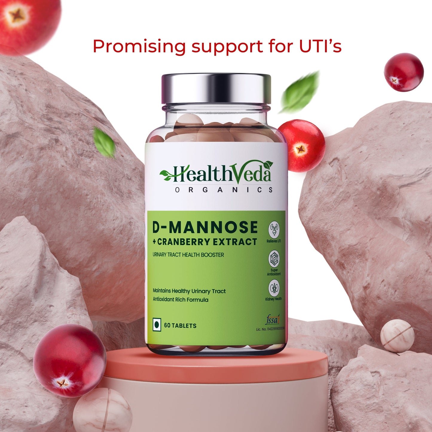 Health Veda Organics D-Mannose 500 mg + Cranberry Extract 200 mg | 60 Veg Tablets I Supports Kidney Health & Urinary Tract Infection