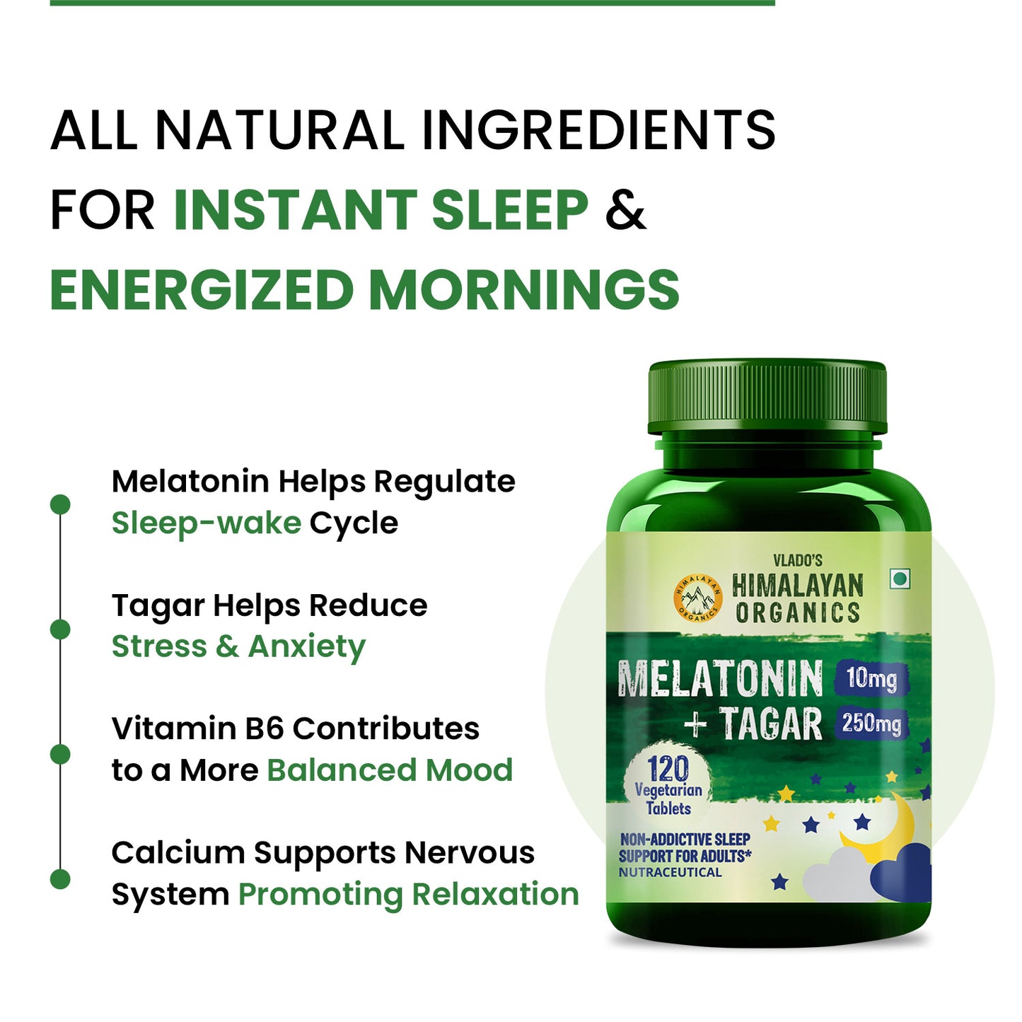 Vlado's Himalayan Organics Melatonin 10mg + Tagar 250mg | Potent Sleep Aid Formula | 120 Tabs
