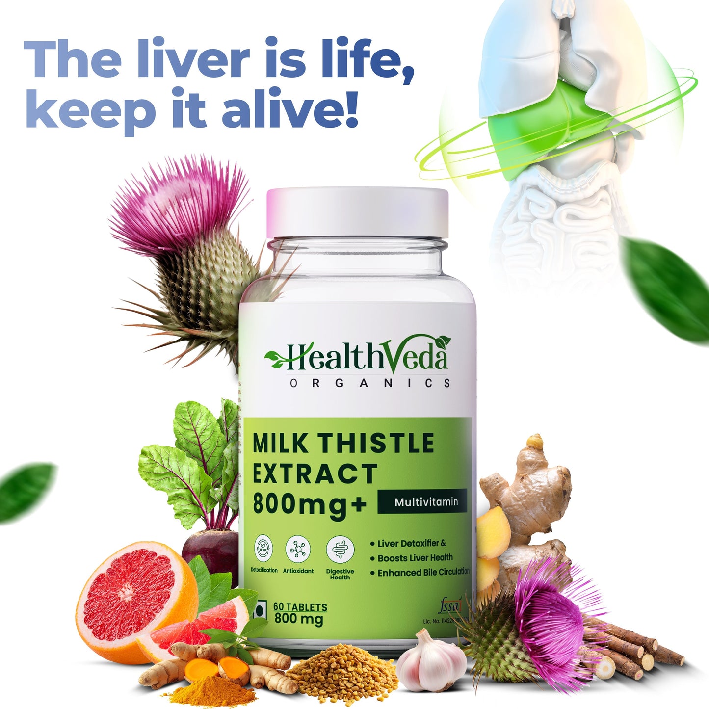 Health Veda Organics Milk Thistle for Liver Support & Liver Detox - 60 Veg Tablets
