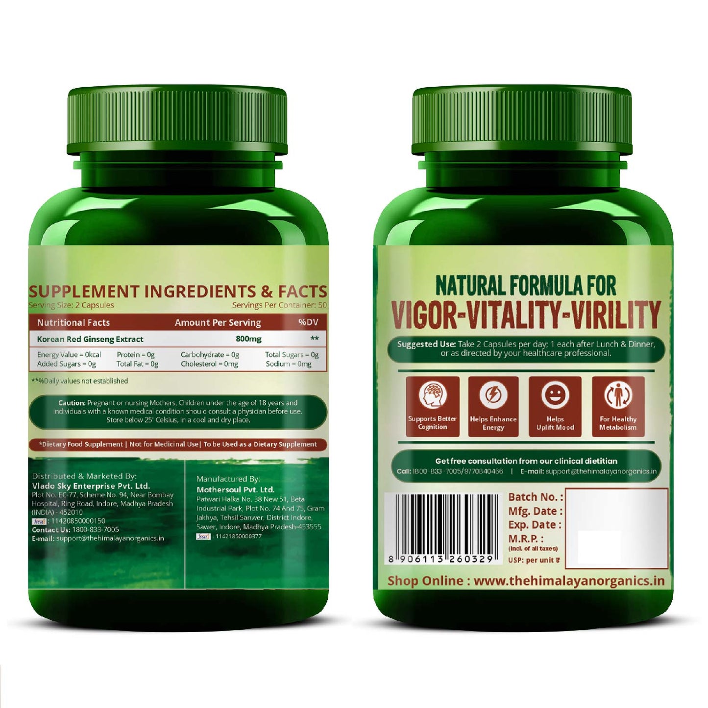 Vlado's Himalayan Organics Korean Red Ginseng 800mg/Serve 100 Veg Capsules