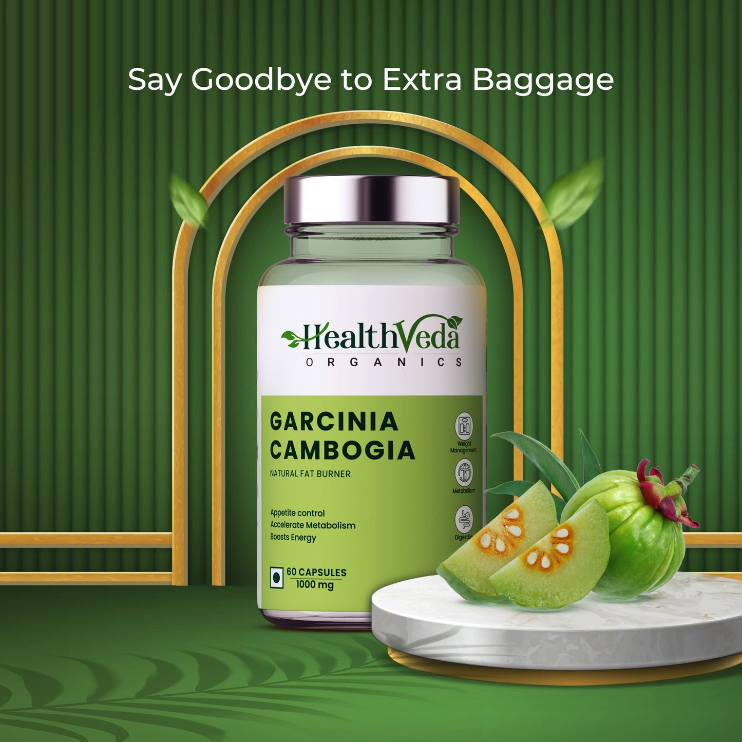 Health Veda Organics Plant Based Garcinia Cambogia Supplement 1000 mg | 60 Veg Capsules | Improves Digestion | For Both Men & Women