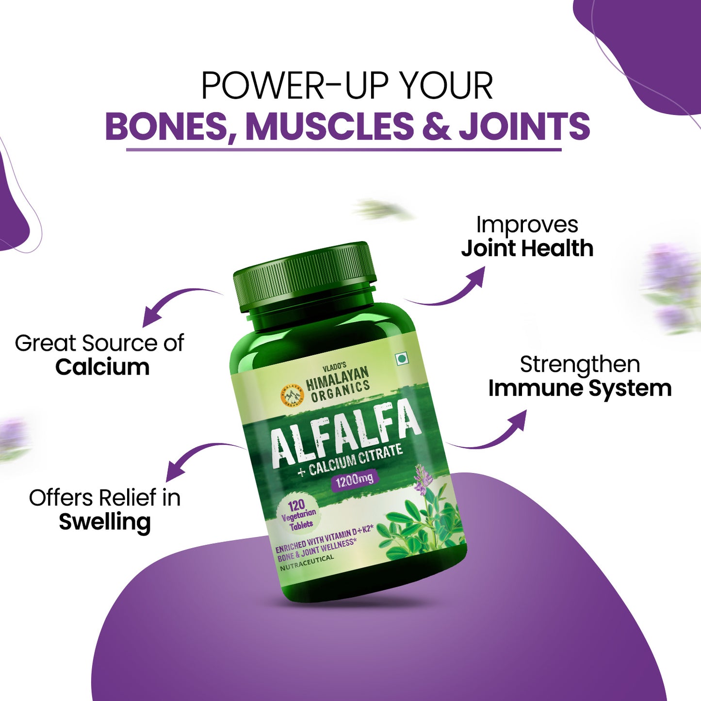 Vlado's Himalayan Organics Alfalfa Calcium Citrate Malate 1200mg with Vitamin D, K2, MK-7, B12, Zinc & Magnesium - 120 Veg Tablets