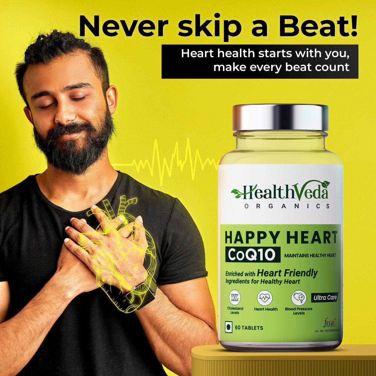 Health Veda Organics Happy Heart Supplement with Arjuna Bark, Grape Seed & Other Ingredients | 60 Veg Tablets | Supports Heart Health & Enhances Blood Circulation