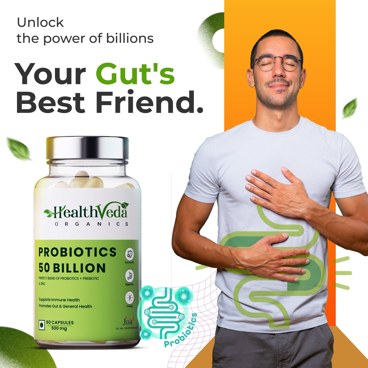 Health Veda Organics Probiotics 50 Billion CFU Multi-Strains | 60 Veg Capsules | 10X Better Digestion, Immunity Support | Improves Gut Health | For Both Men & Women