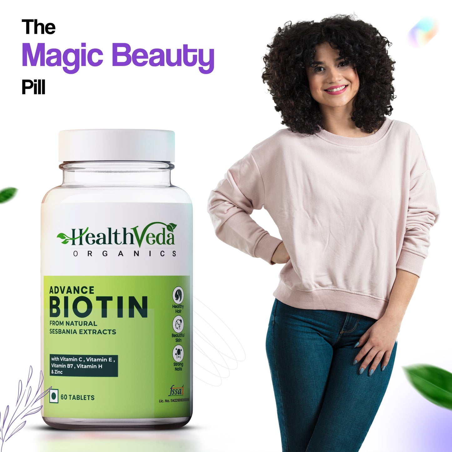 Health Veda Organics Advanced Biotin with Vitamin B7 & Vitamin H | 60 Veg Tablets | Supports Healthy Hair, Skin & Nails