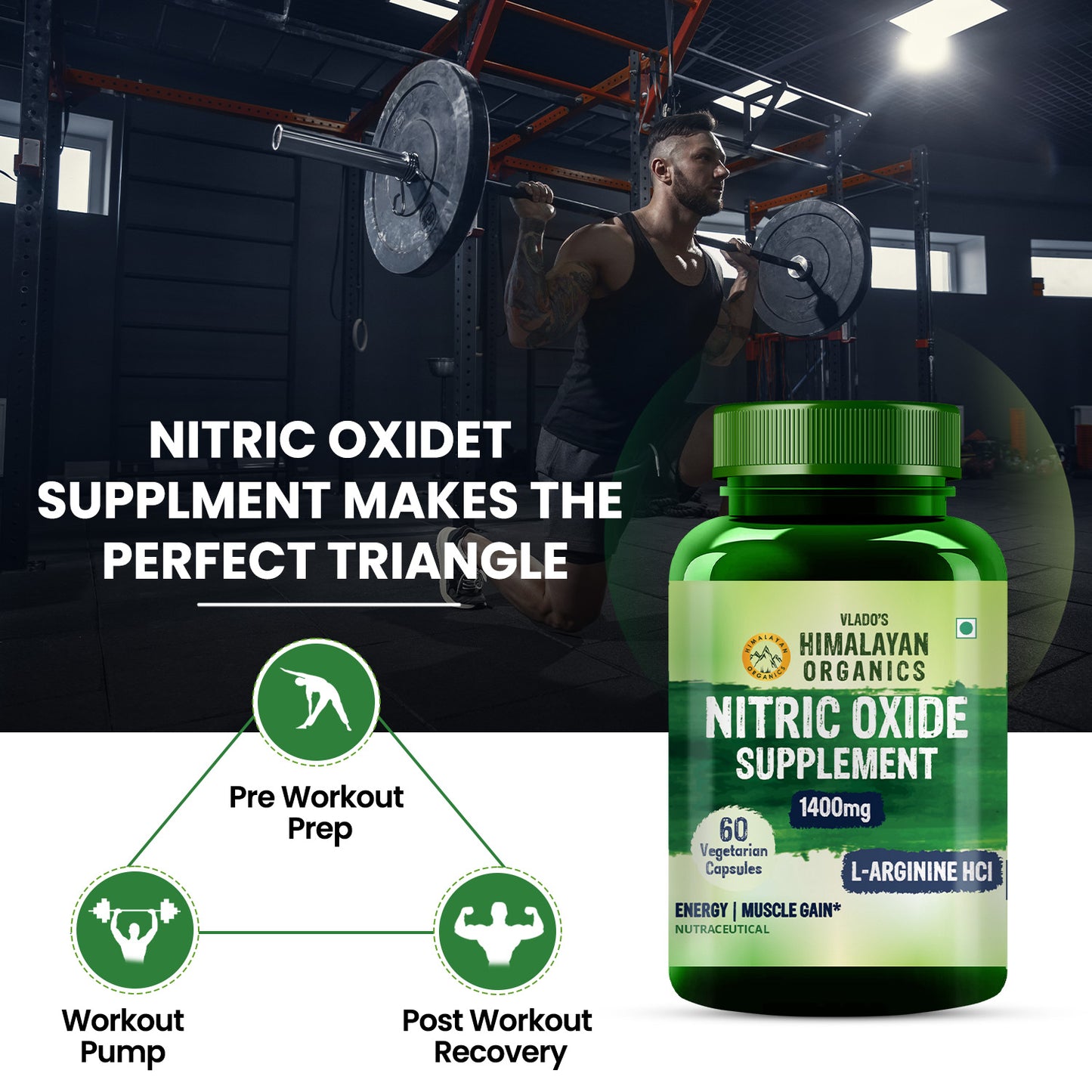Vlado's Himalayan Organics Nitric Oxide Supplement with L- Arginine HCL 1400mg/Serve with Caffeine | Muscle Growth, Stamina, Recovery, Energy & Immunity | 60 Veg Capsules