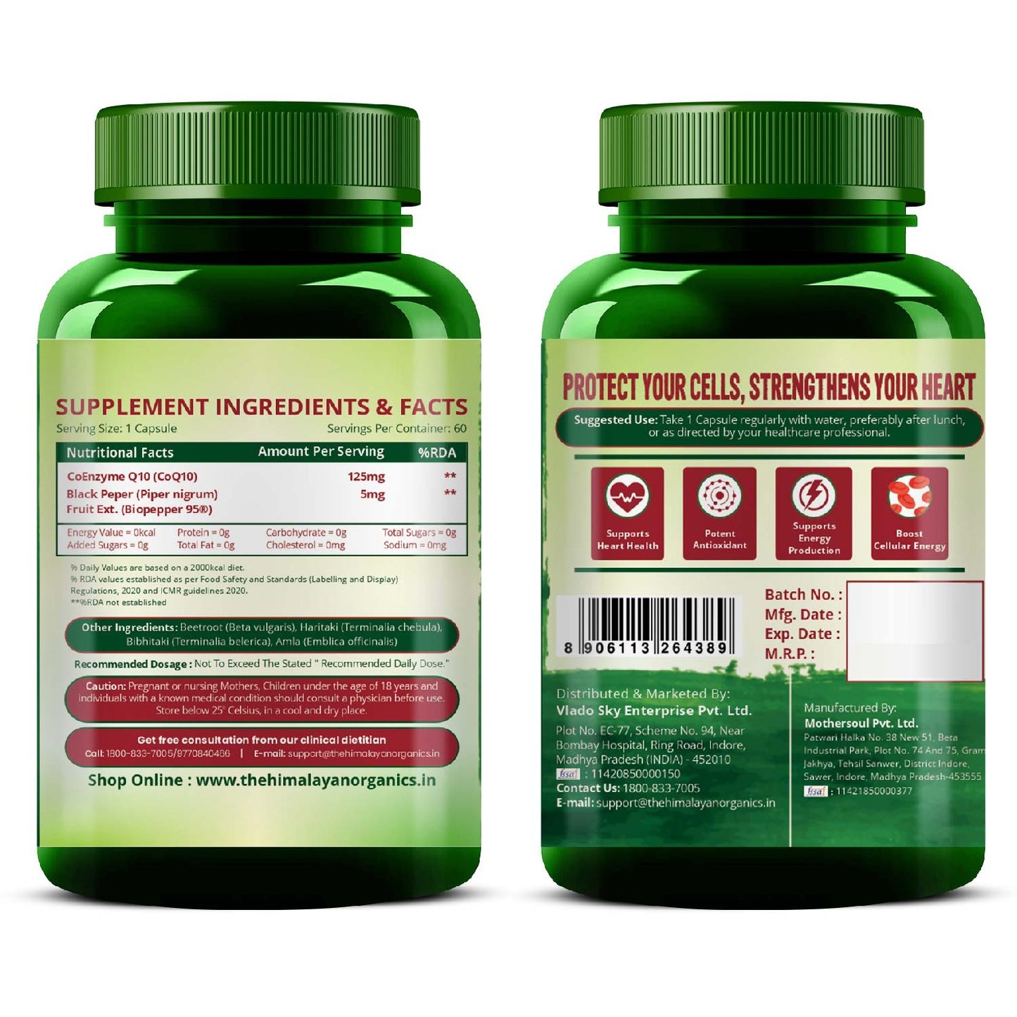 Vlado's Himalayan Organics CoQ10 -125mg With BioPepper - 5mg , COENZYME Q-10 125mg Supplement 60 Veg Capsules