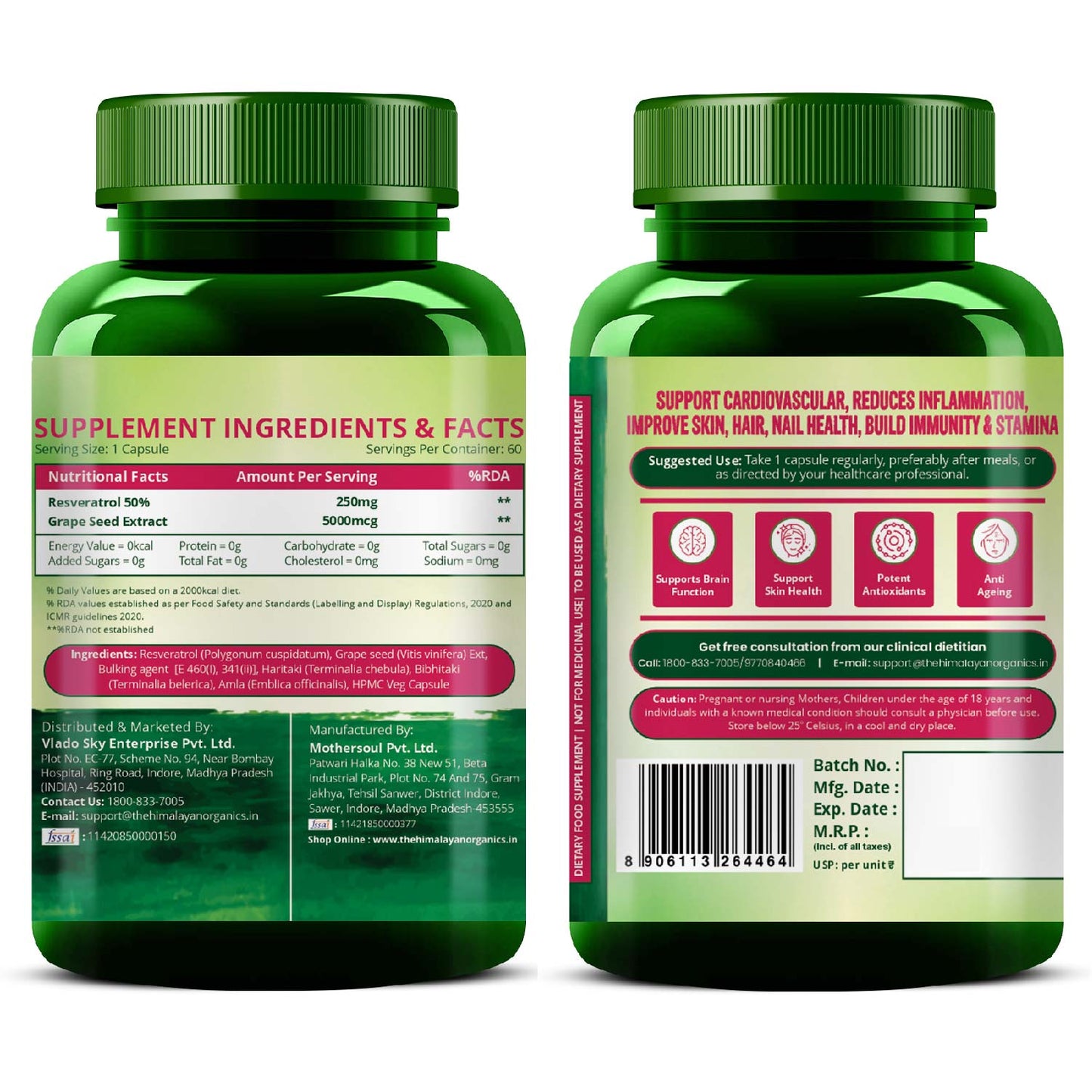 Vlado's HImalayan Organics Resveratrol 255mg with Grape Seed Extract Supplement | Support Heart And Skin Health | Powerful Anti-oxidant for Anti-Ageing - 60 Veg Capsules