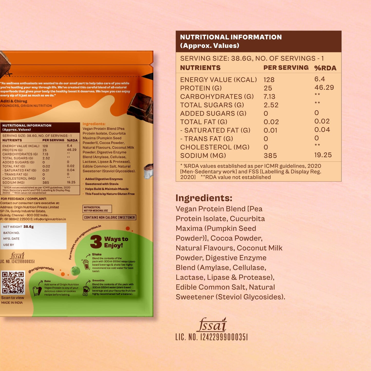 Origin Nutrition Plant Protein Chocolate Trial Pack - 100% Natural | 25g of Protein per sachet | Perfect for Beginners | No Added Sugars | Suitable & Convenient for All Diets (Chocolate)