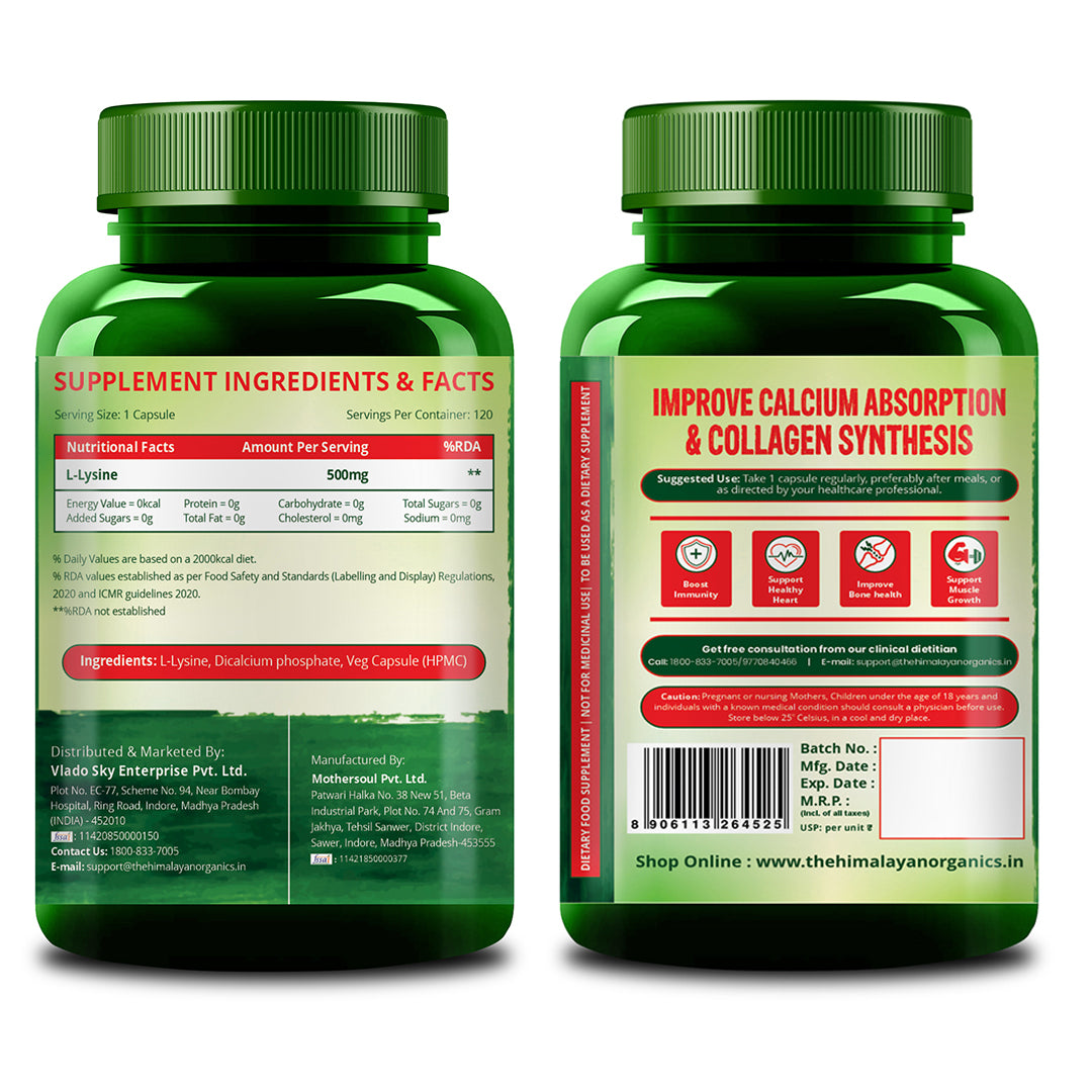 Vlado’s Himalayan Organics L-Lysine 500mg Essential Amino Acid | 120 Veg Capsules