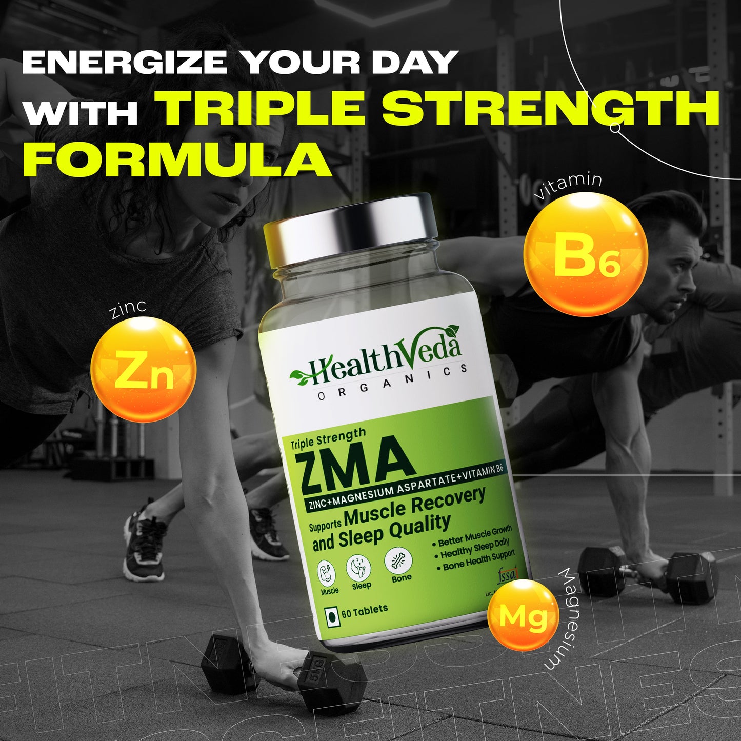 Health Veda Organics ZMA (Zinc, Magnesium Aspartate & Vitamin B6) | Supports Muscle Recovery & Sleep Quality | For Both Men & Women | 60 Veg Tablets