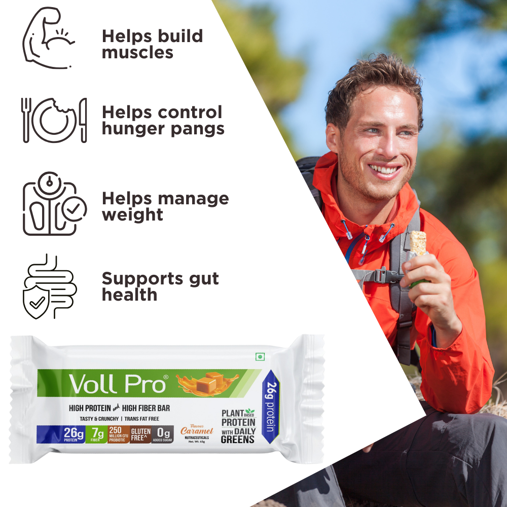 Voll Pro Plant Protein Bar With Daily Greens | Caramel Flavor Protein Bar | Sugar Free Bar With 26g Plant Protein and 7g Fiber | Each Bar of 65g | Pack of 6 Bars