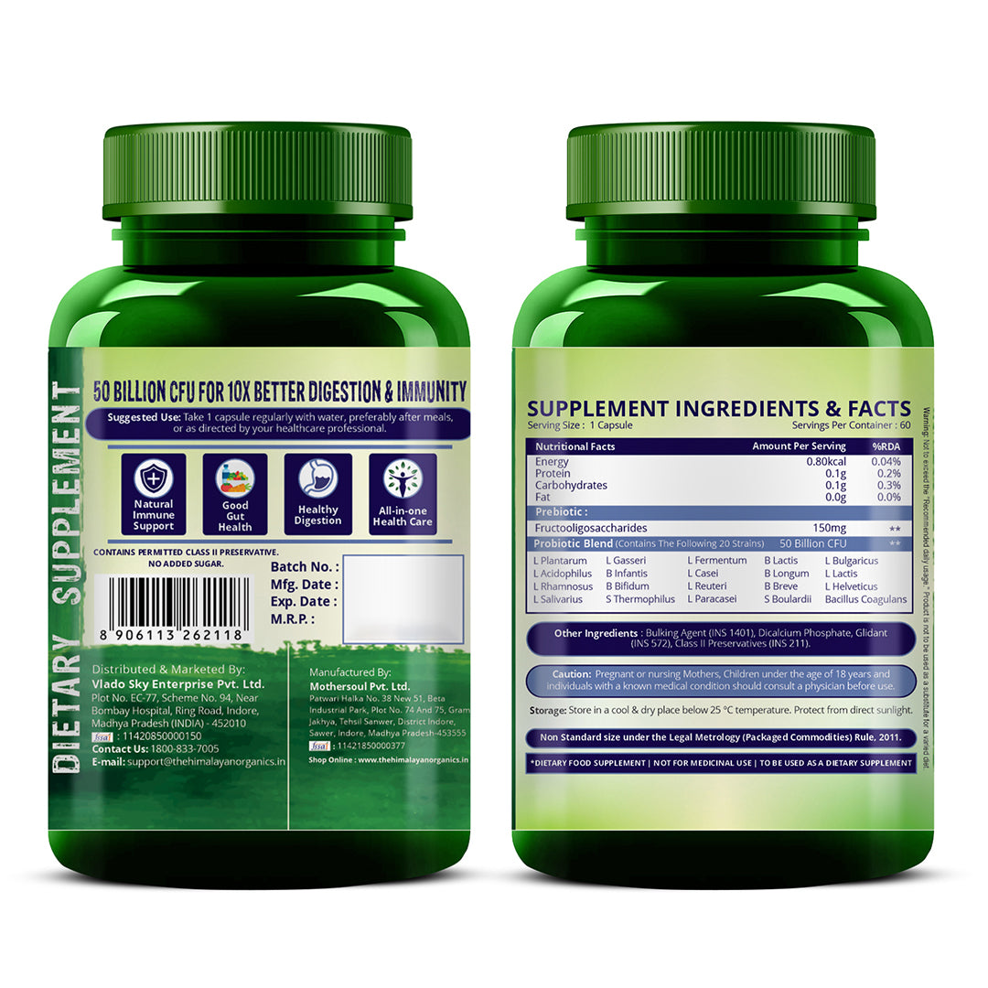 Vlado's Himalayan Organics Probiotics Supplement 50 Billion CFU with Prebiotics 150mg | 20 Strains | Plant-Based Formula | 60 Veg Capsules