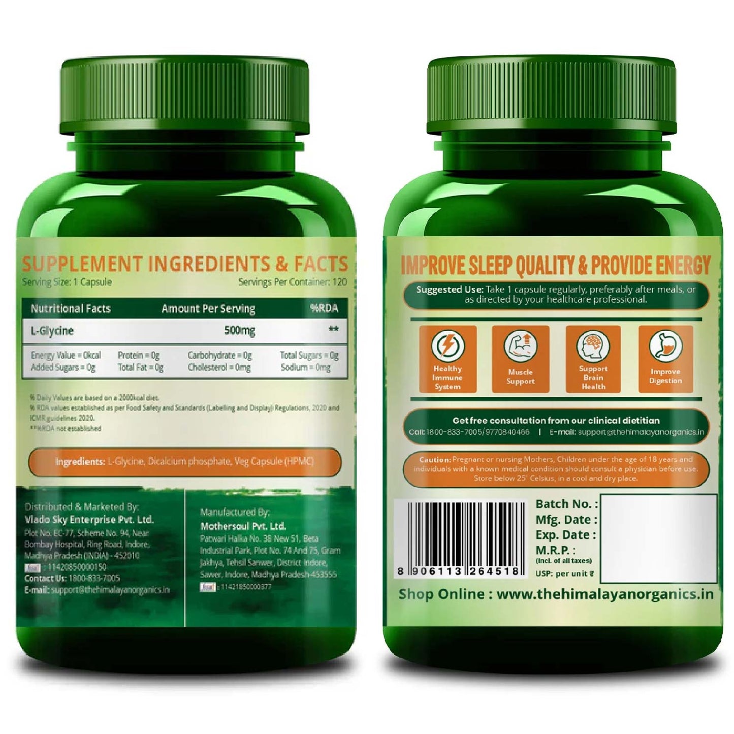Vlado’s Himalayan Organics L-Glycine 500mg Supplement | 120 Veg Capsules