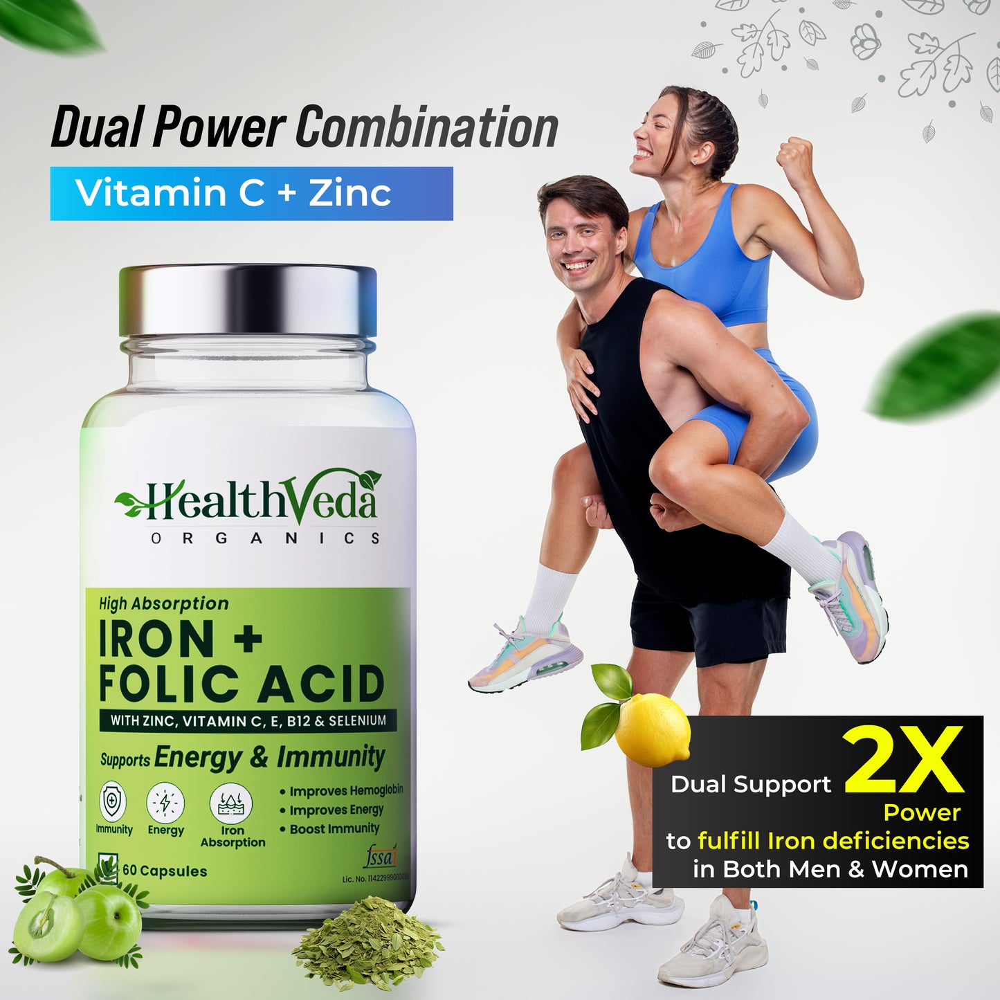 Health Veda Organics Iron + Folic Acid with Zinc, Vitamin C & Vitamin B12 | 60 Veg Capsules | Supports Blood Building, Immunity and Energy | Enhances Iron Absorption| For Both Men & Women