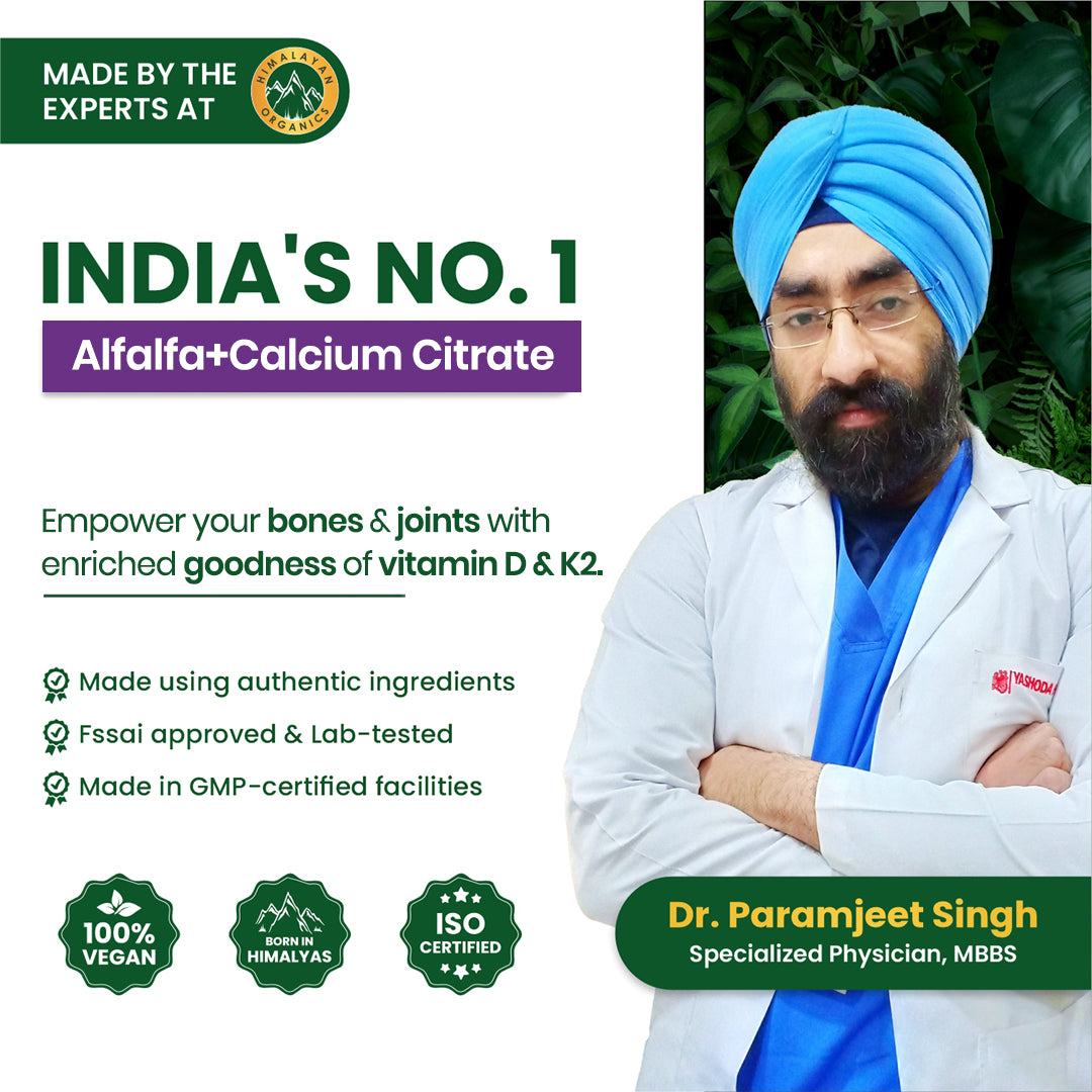 Vlado's Himalayan Organics Alfalfa with Calcium Citrate Malate, Vitamin D, K2, MK-7, B12, Zinc & Magnesium | Bone & Joint Wellness | 120 Veg Tablets