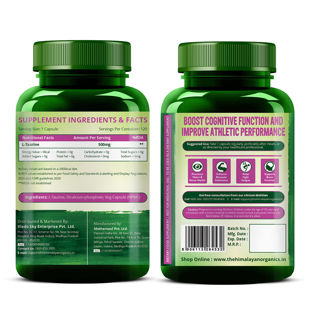 Vlado's Himalayan Organics L-Taurine 500mg Supplement | 120 Veg Capsules
