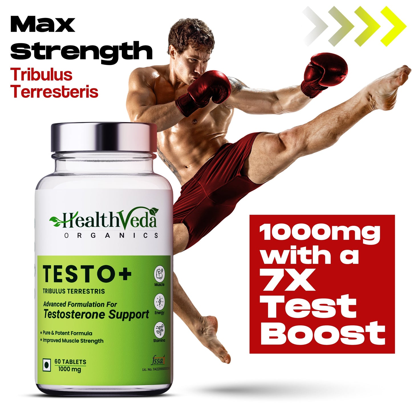 Health Veda Organics Plant Based Testo+ with Tribulus, Ashwagandha & Kaunch Beej | Improves Muscle Strength & Energy | 60 Veg Tablets for Men