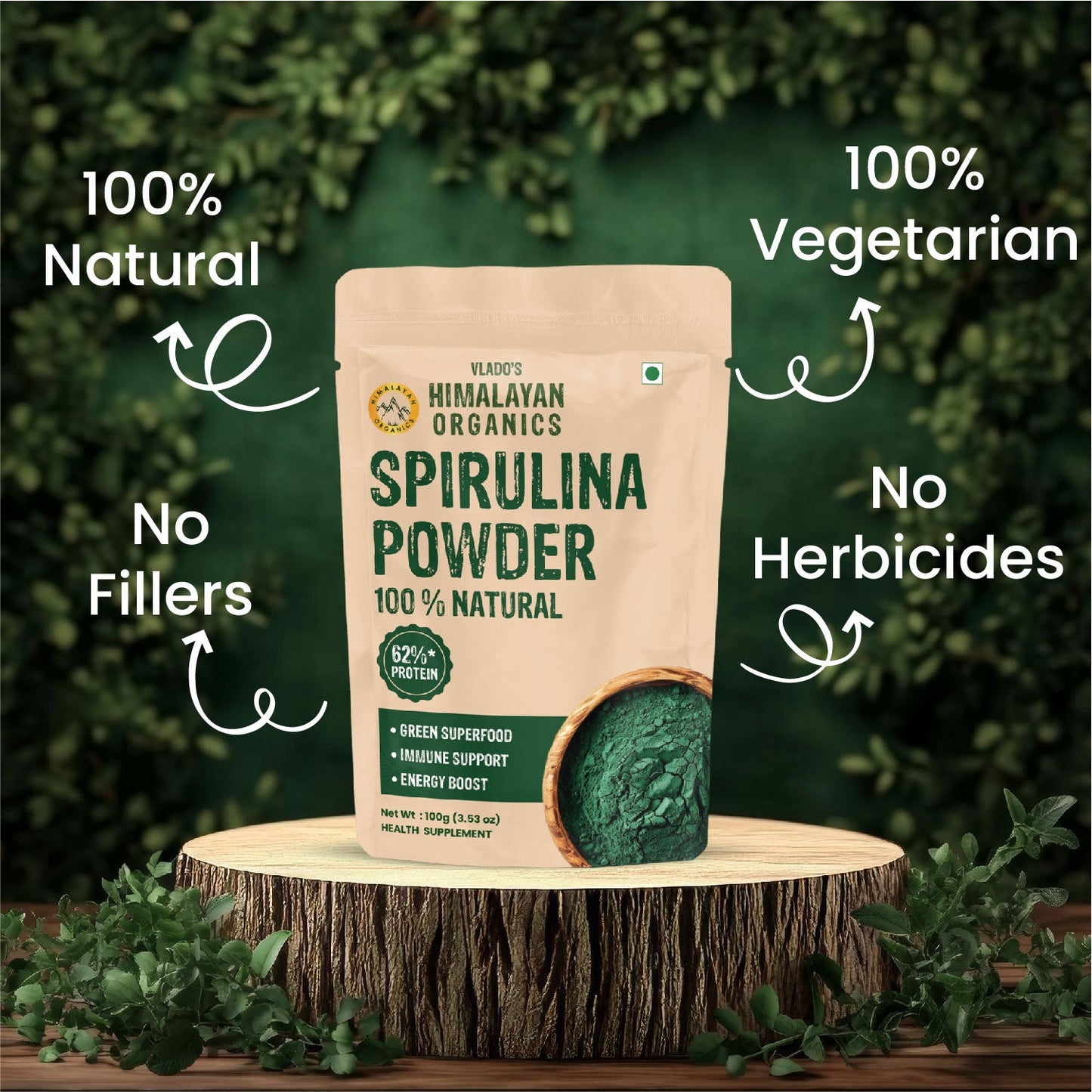 Vlado’s Himalayan Organics Spirulina Powder | 62% Protein | Natural Superfood | 100g