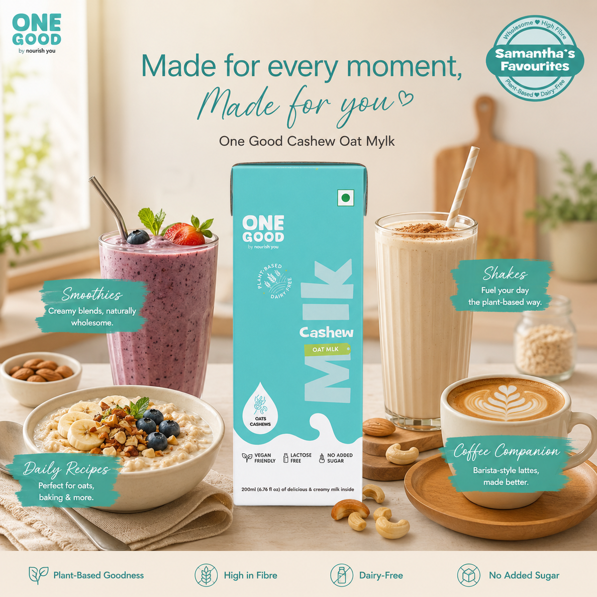 One Good by Nourish You's Sugar free Cashew Oat Plant Based Mlk - 1200ml | Lactose-Free | Gut-Friendly 200ml x Pack of 6