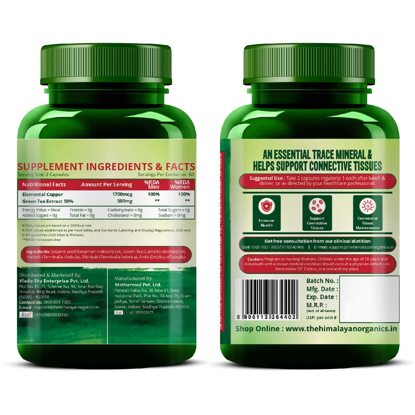 Vlado’s Himalayan Organics Plant-Based Copper 1700mcg Supplement with Green Tea Extract | 120 Veg Capsules