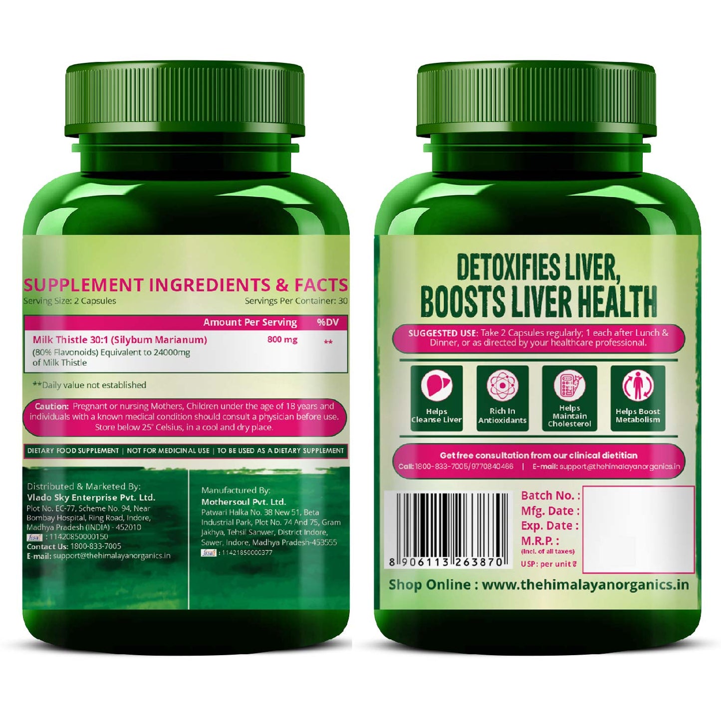 Vlado's Himalayan Organics Milk Thistle Extract Supplement for Men and Women | With 800mg Silybum Marianum | 60 Vegetarian Capsules