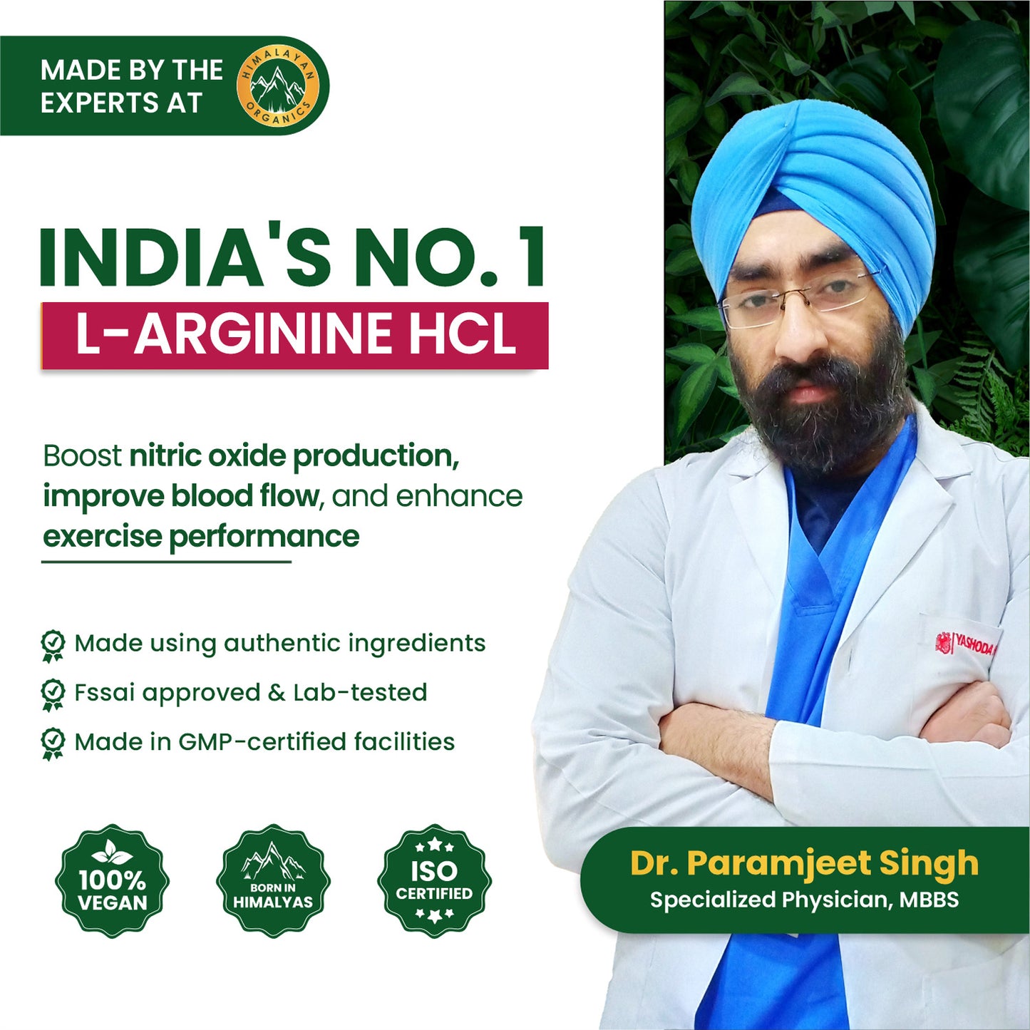 Vlado's Himalayan Organics L-Arginine 1000 mg With Chromium Picolinate Supplement | Improve Muscle Growth Boost Energy And Stamina | Good For Men And Women - 120 Veg Caps