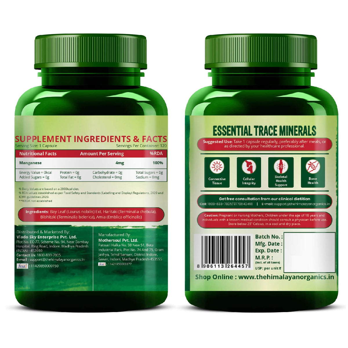 Vlado's Himalayan Organics Plant Based Manganese 4mg Supplement | Trace Mineral Supplement for Connective Tissue and Bones | Good For Skeletal Health Support - 120 Veg Capsules