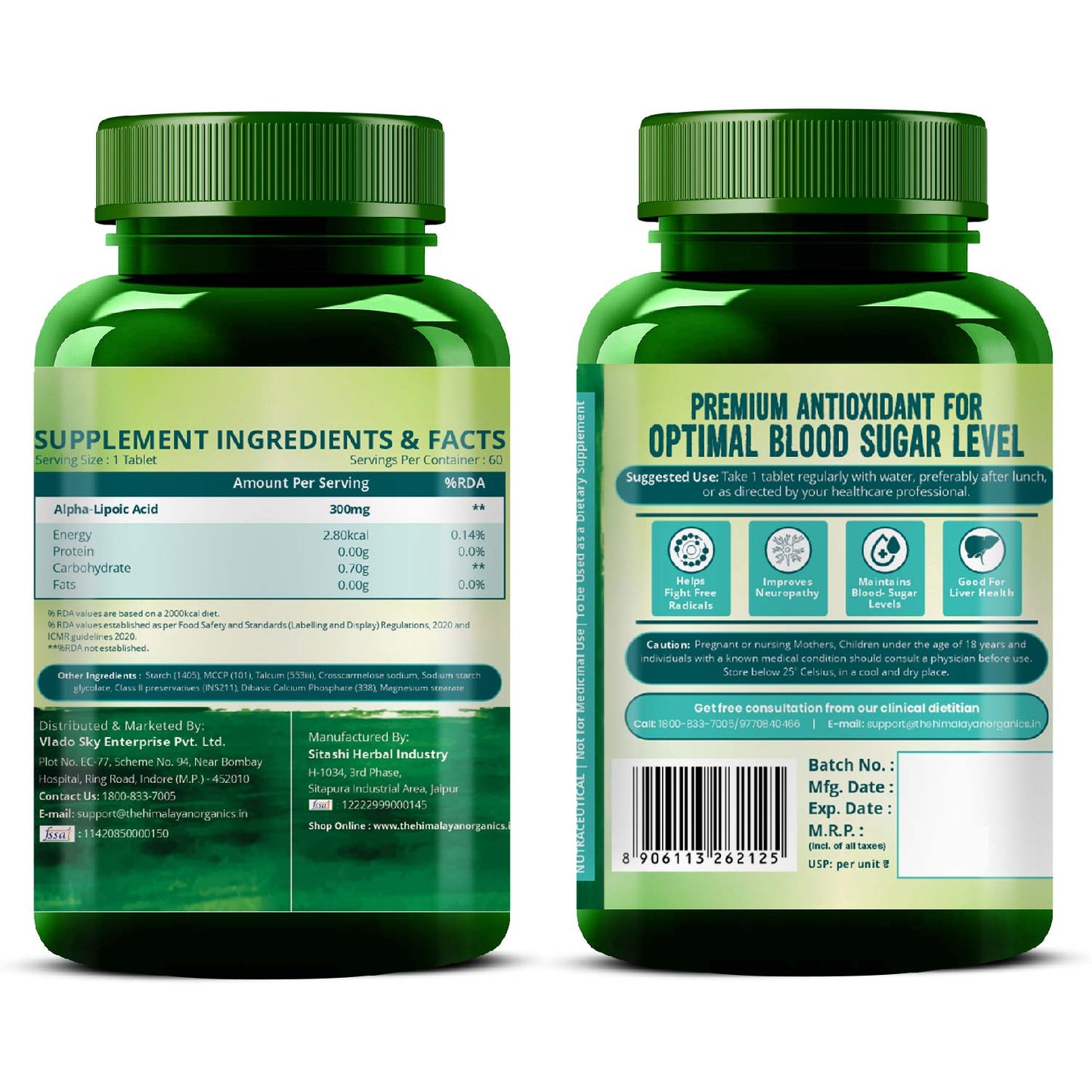 Vlado's Himalayan Organics Alpha Lipoic Acid 300mg | With Antioxidant Properties | 60 Veg Tablets