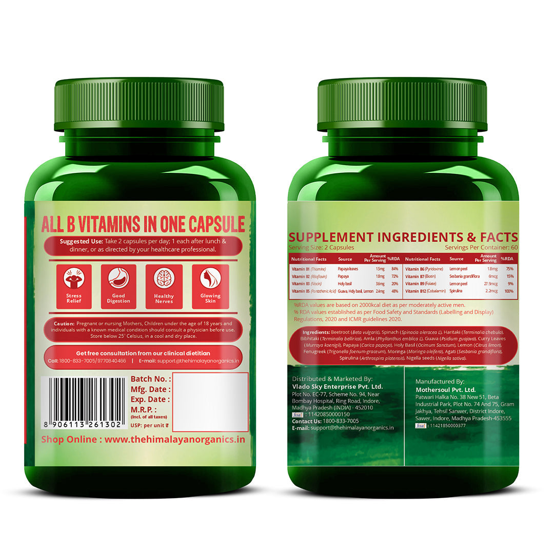 Vlado's Himalayan Organics Natural Vitamin B12 with B1, B2, B3, B5, B6, B7, B9 & Moringa | Plant-Based Formula | 120 Vegetarian Capsules