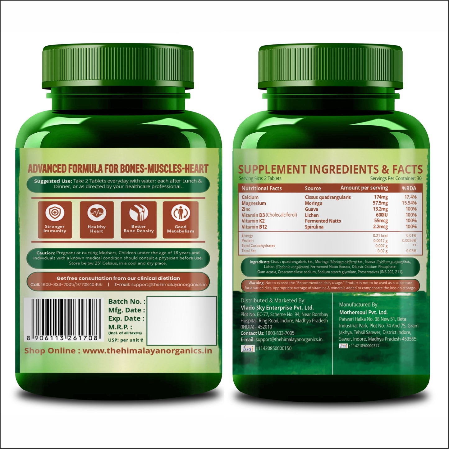 Vlado's Himalayan Organics Plant-Based Calcium, Magnesium & Zinc with Vitamin D3 & K2 – 60 Veg Tablets