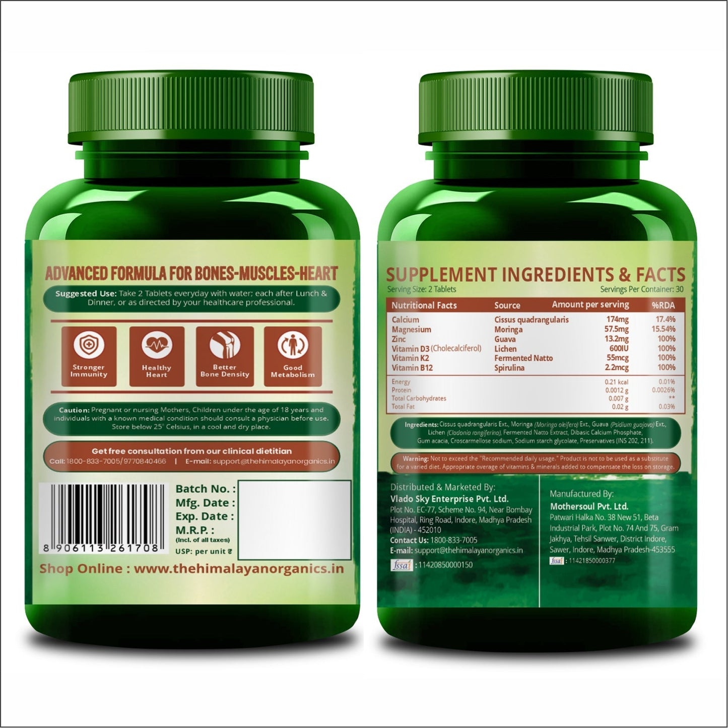 Vlado's Himalayan Organics Plant-Based Calcium, Magnesium & Zinc with Vitamin D3 & K2 – 60 Veg Tablets