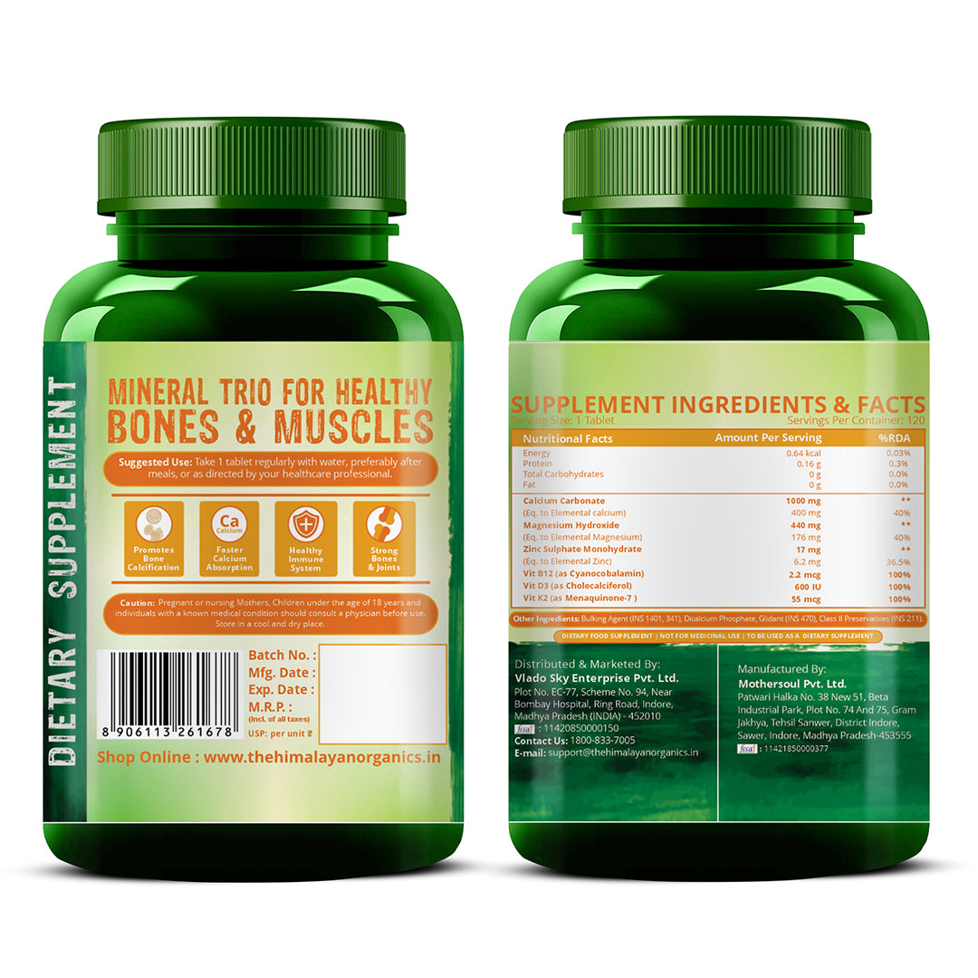 Vlado's Himalayan Organics Calcium Magnesium Zinc Vitamin D3 & B12- 120 Vegetarian Tablets
