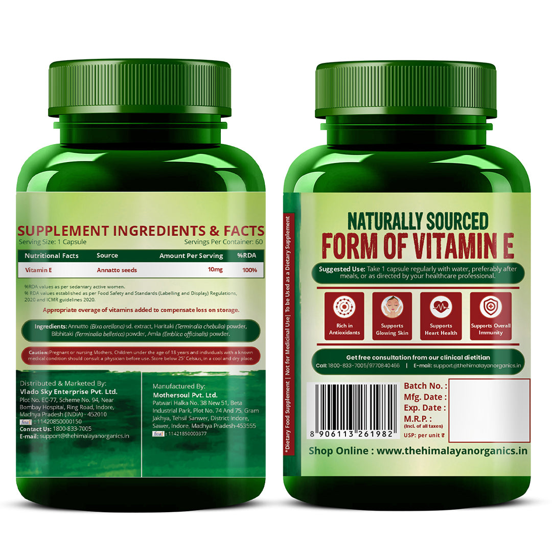 Vlado's Himalayan Organics Plant Based Vitamin E Capsules (Non-GMO Sunflower Oil, Aloevera Oil, Argan Oil) - 60 Capsules