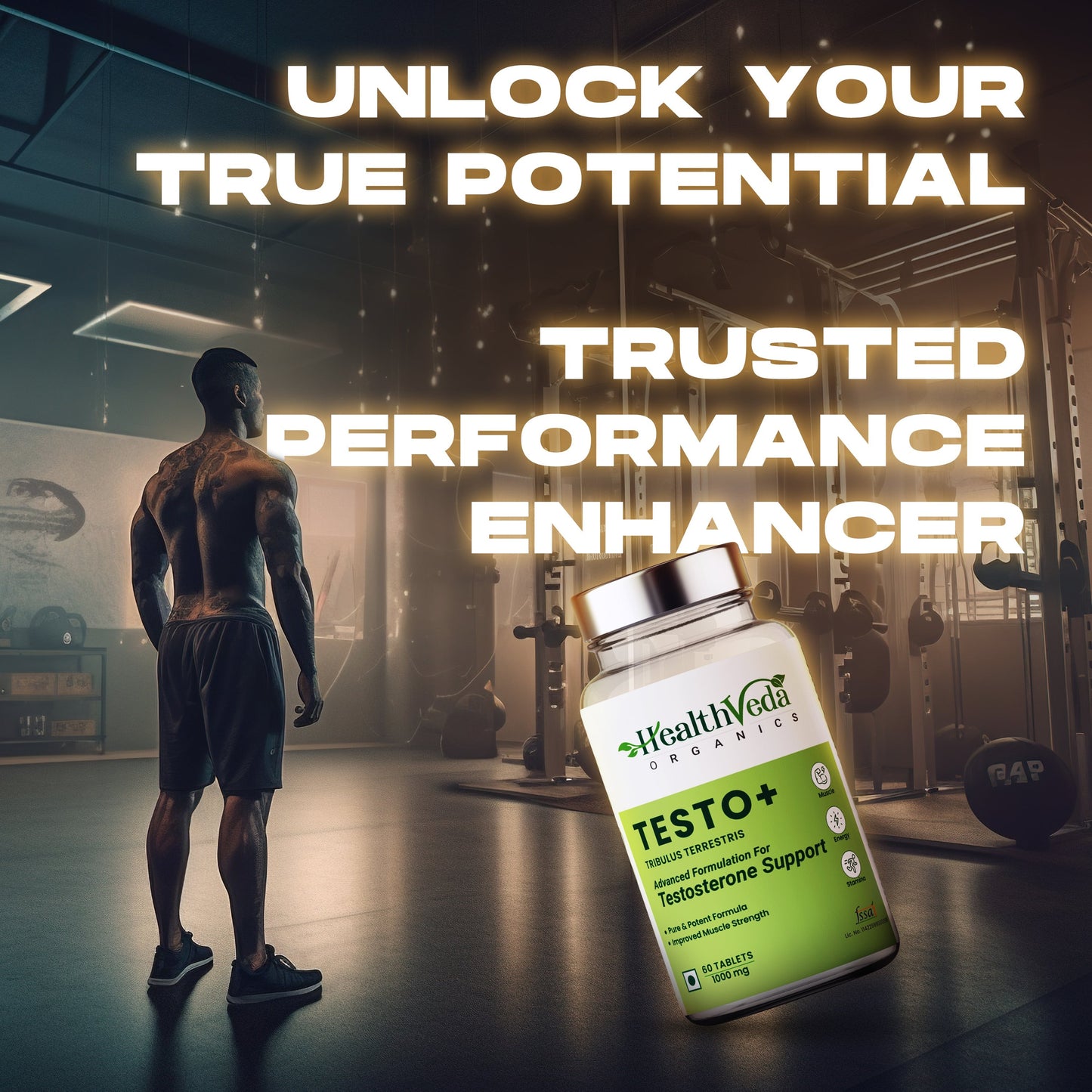 Health Veda Organics Plant Based Testo+ with Tribulus, Ashwagandha & Kaunch Beej | Improves Muscle Strength & Energy | 60 Veg Tablets for Men