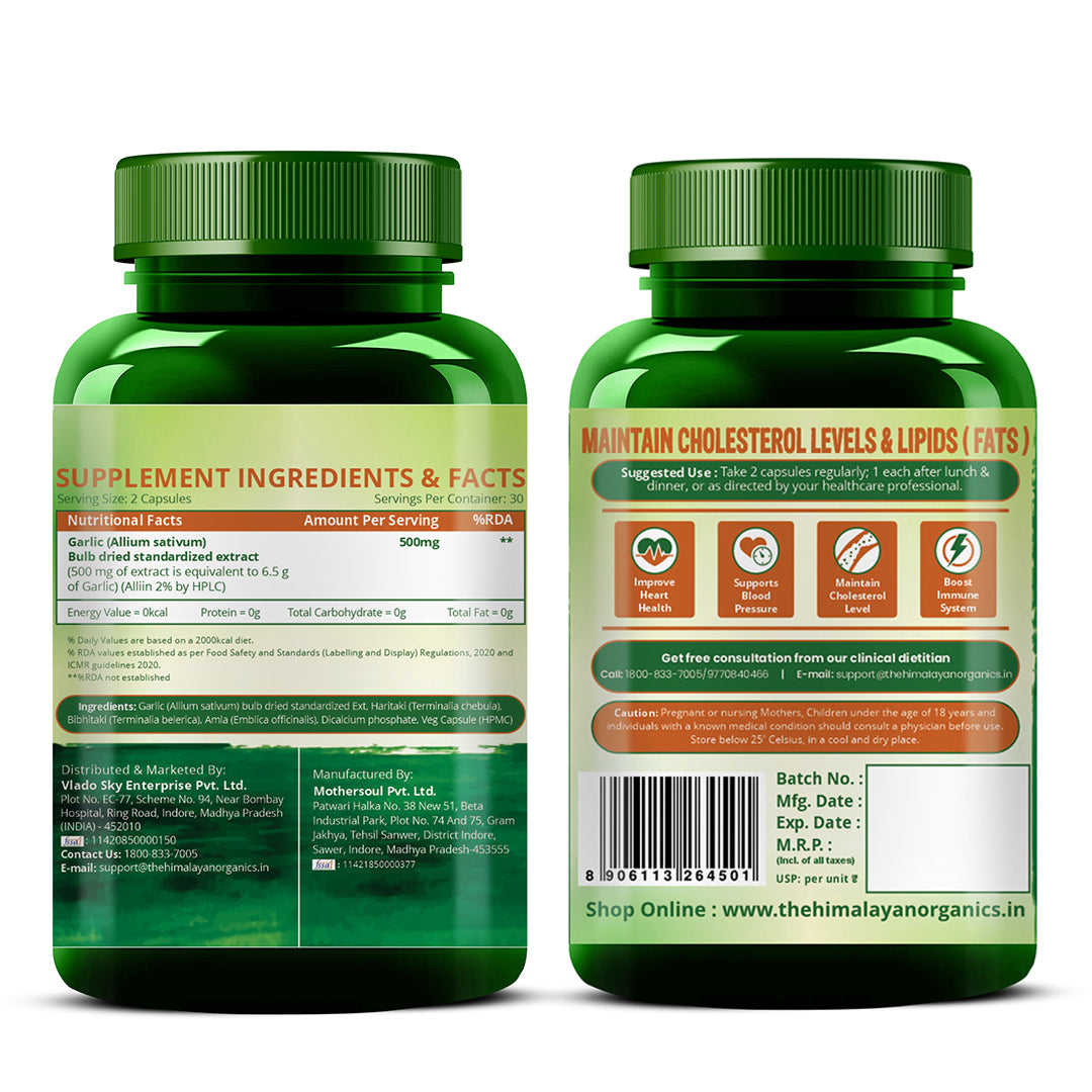Vlado’s Himalayan Organics Garlic 500mg Supplement | Extract (1:13) Allium Sativum - 60 Veg Capsules