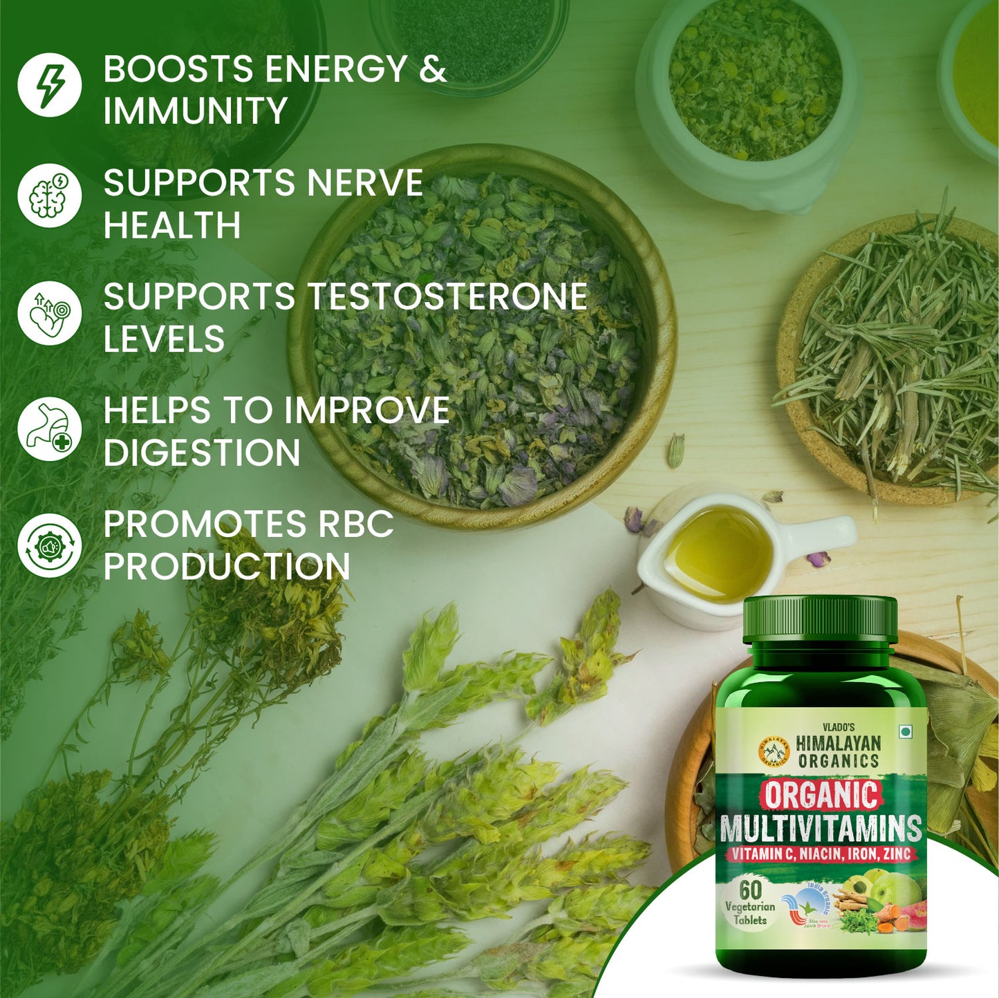 Vlado's Himalayan Organics Organic Multivitamins with Iron, Zinc, Vitamin B3 & C | With Ashwagandha, Tribulus & Turmeric | 100% Organic, Non-Synthetic | 60 Veg Tablets