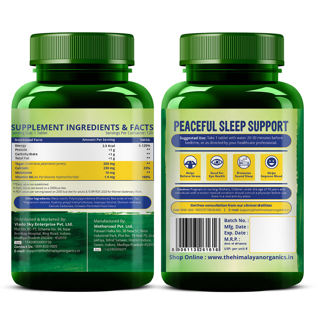 Vlado's Himalayan Organics Melatonin 10mg + Tagar 250mg | With Vitamin B6 & Calcium | Non-Habit Forming | 120 Veg Tablets