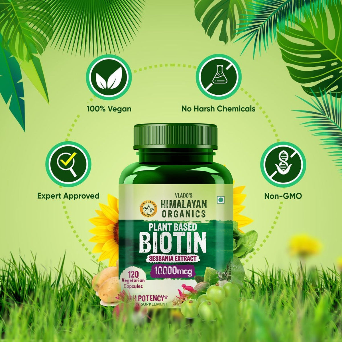 Vlado's Himalayan Organics Plant Based Biotin 10,000mcg/Serve- 120 Veg Capsules