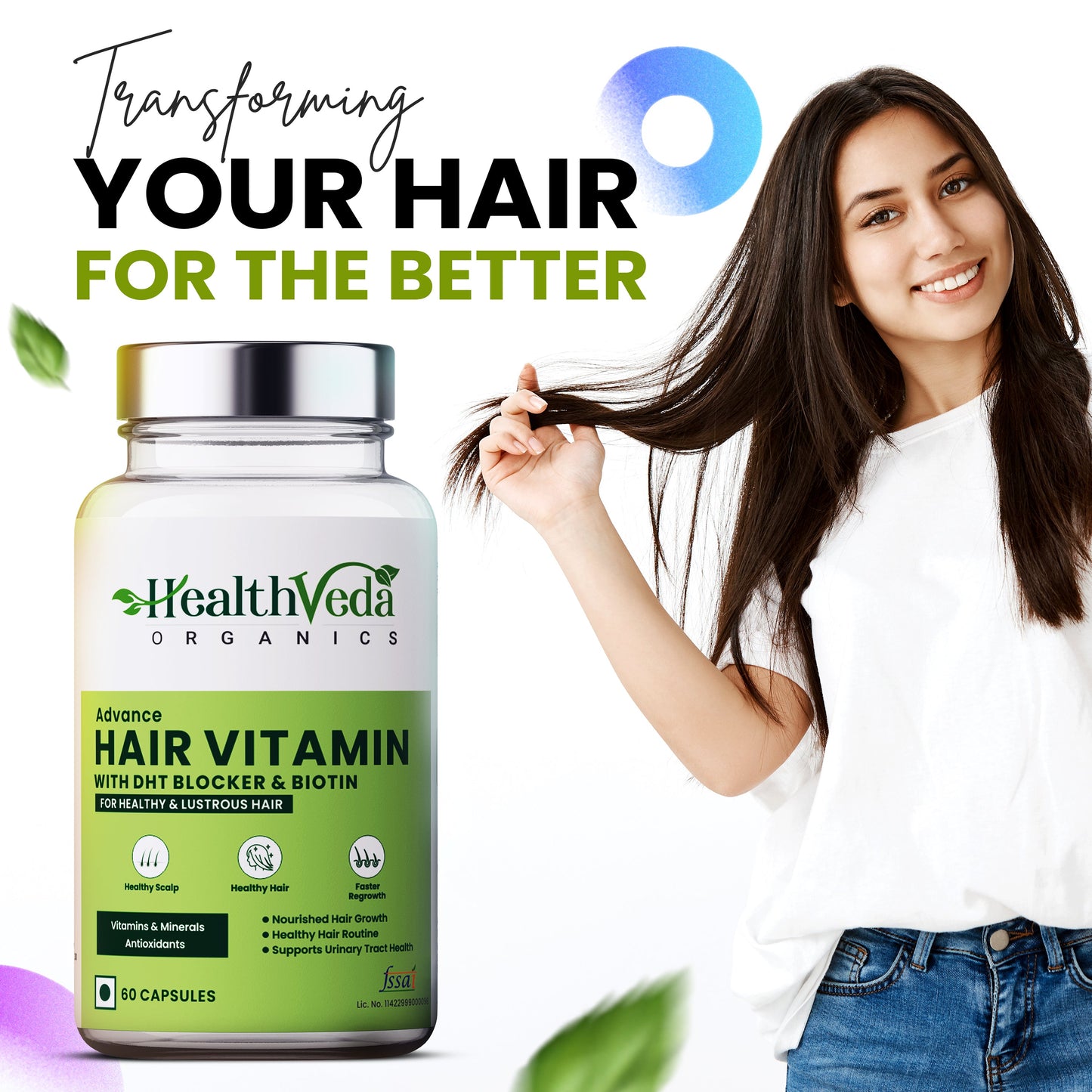 Health Veda Organics Advance Hair Vitamin with DHT Blocker & Biotin | Clinically proven Hair Vitamins - 60 Veg Capsules