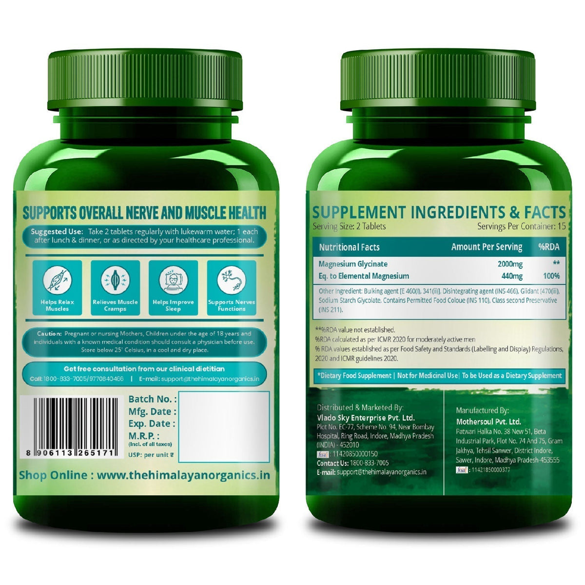 Vlado’s Himalayan Organics Chelated Magnesium Glycinate Tablets | High-Absorption 2000 mg Formula with 440 mg Elemental Magnesium | 30 Tablets (100% RDA)