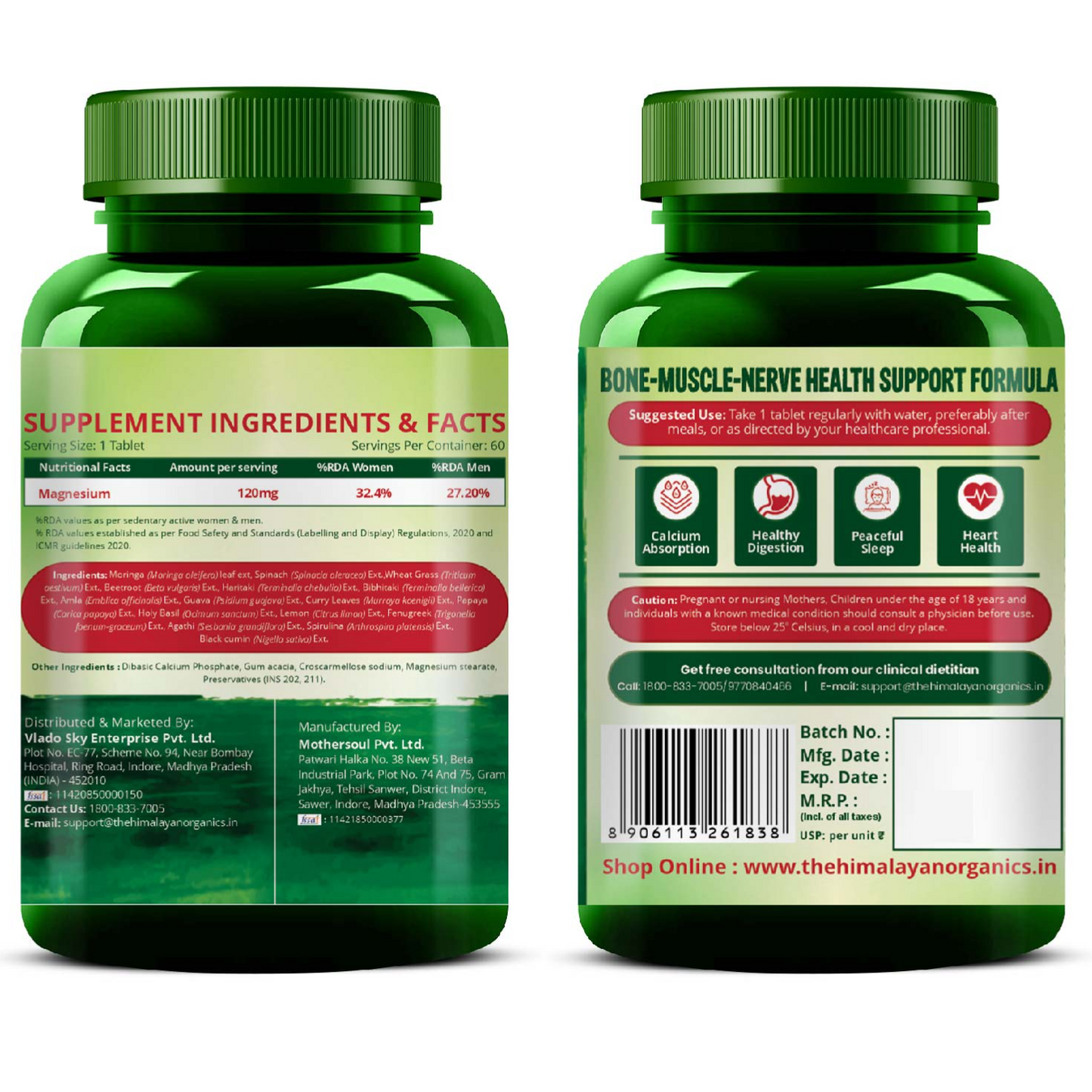 Vlado's Himalayan Organics Plant-Based Magnesium Supplement 1360mg with Turmeric, Spirulina, Wheatgrass, Moringa & Natural Extracts | 60 Veg Tablets