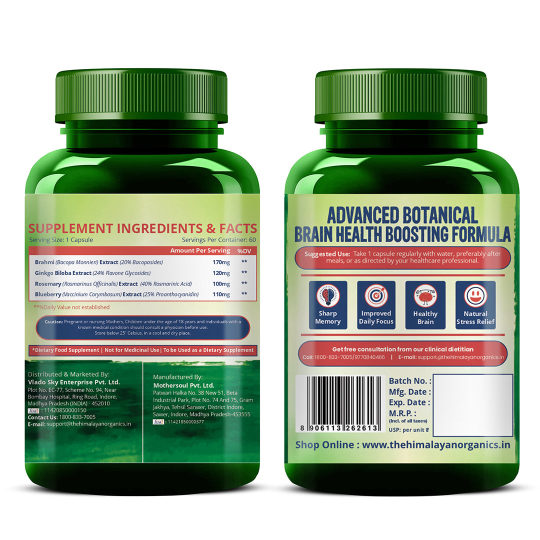 Vlado's Himalayan Organics Plant-Based Brain Support Supplement with Ginkgo Biloba & Brahmi – 60 Veg Capsules