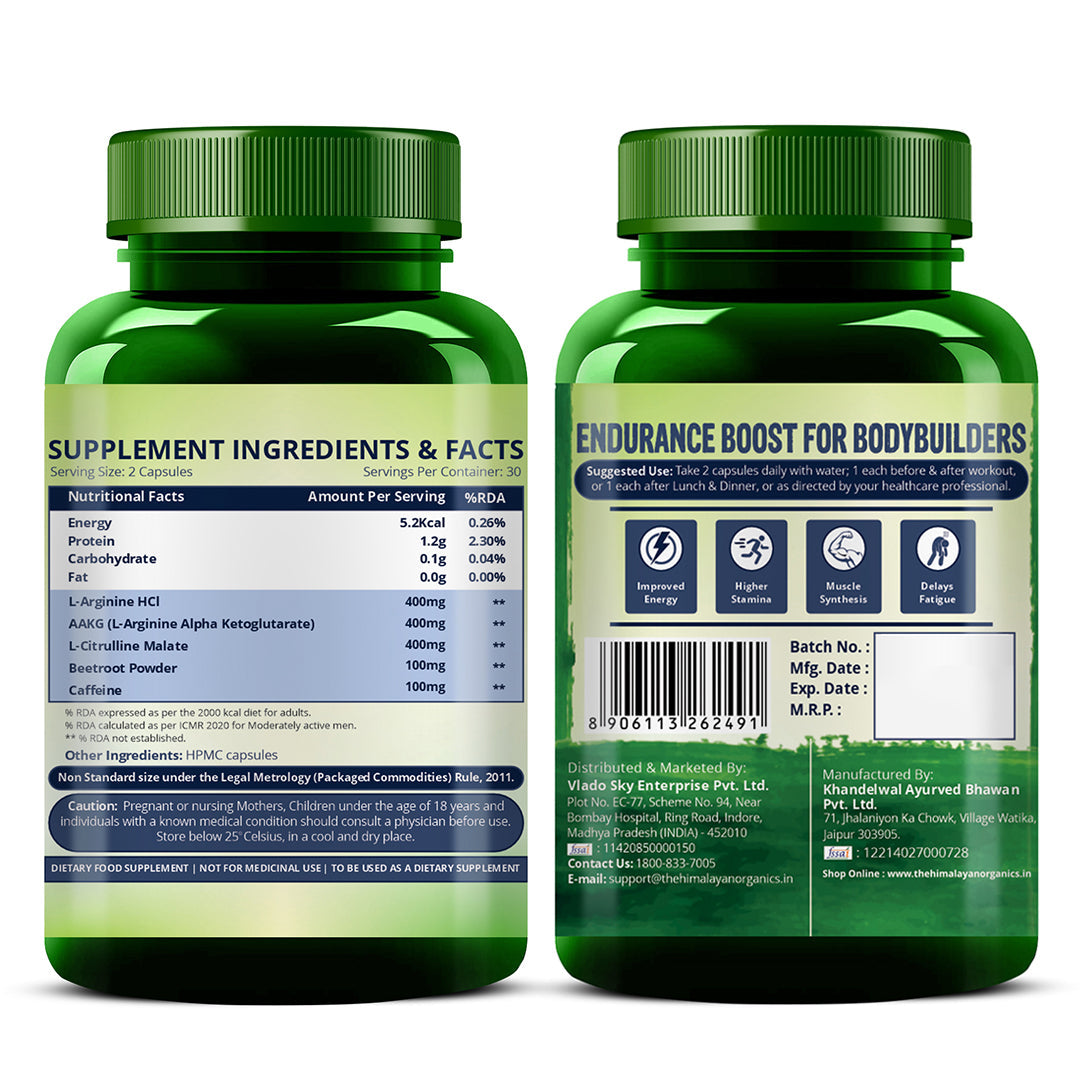 Vlado's Himalayan Organics Plant-Based Nitric Oxide Supplement with L-Arginine HCL, L-Citrulline & Beetroot – 60 Veg Capsules
