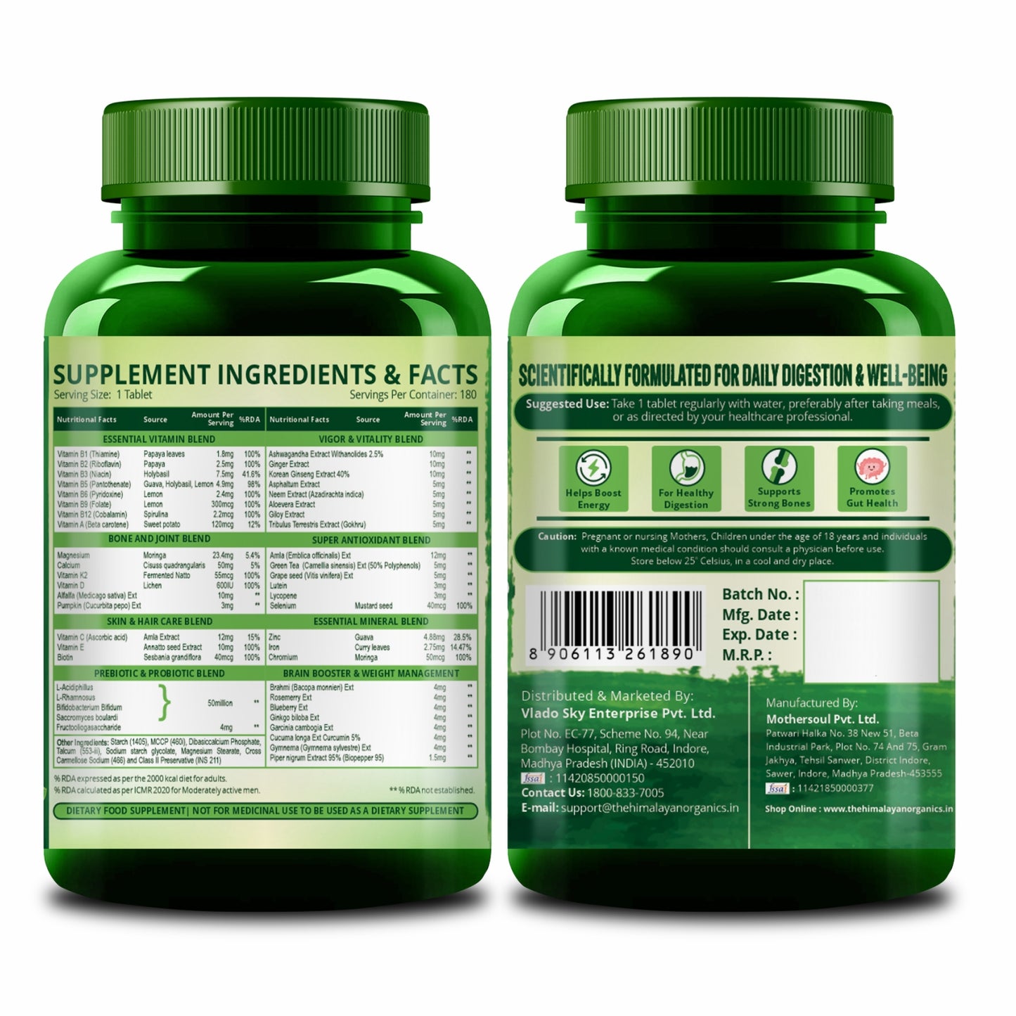Vlado's Himalayan Organics Multivitamin for Men & Women with 60 Ingredients | With Probiotics, Herbal Extracts & Minerals | 180 Veg Tablets